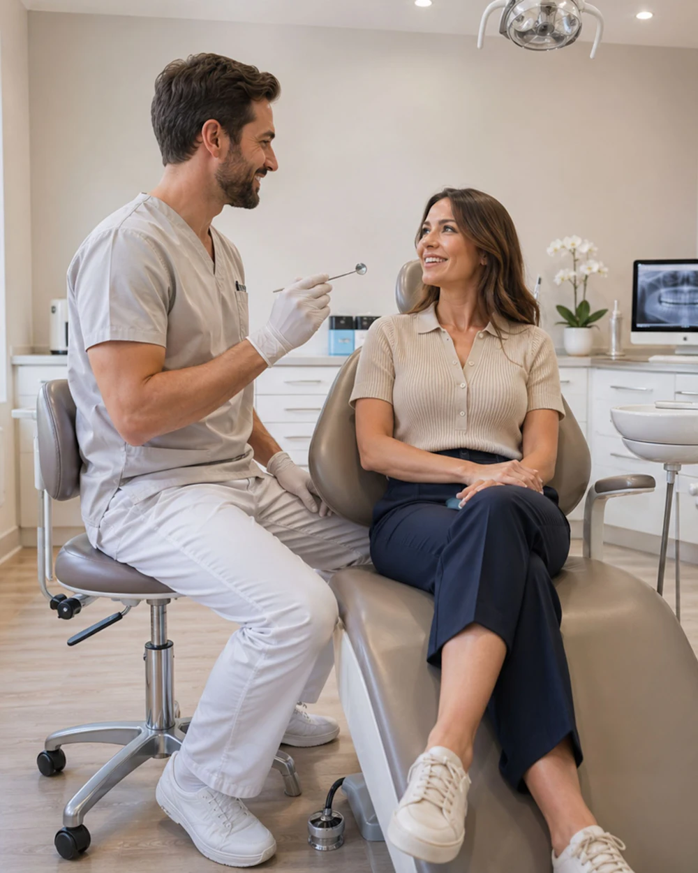 A dentist talking with a smiling patient in a modern dental office