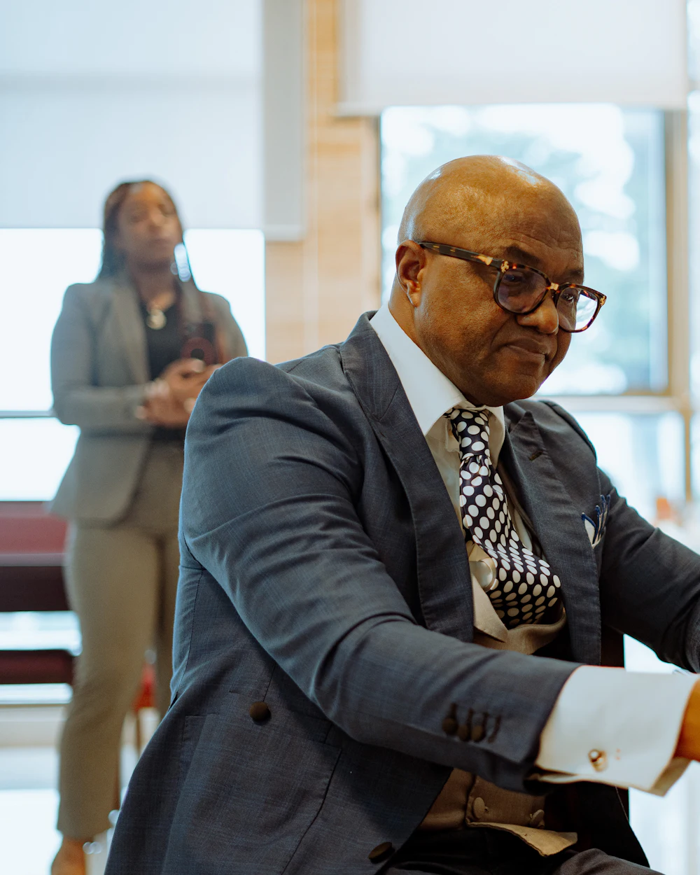 An attorney working at his desk in a law office